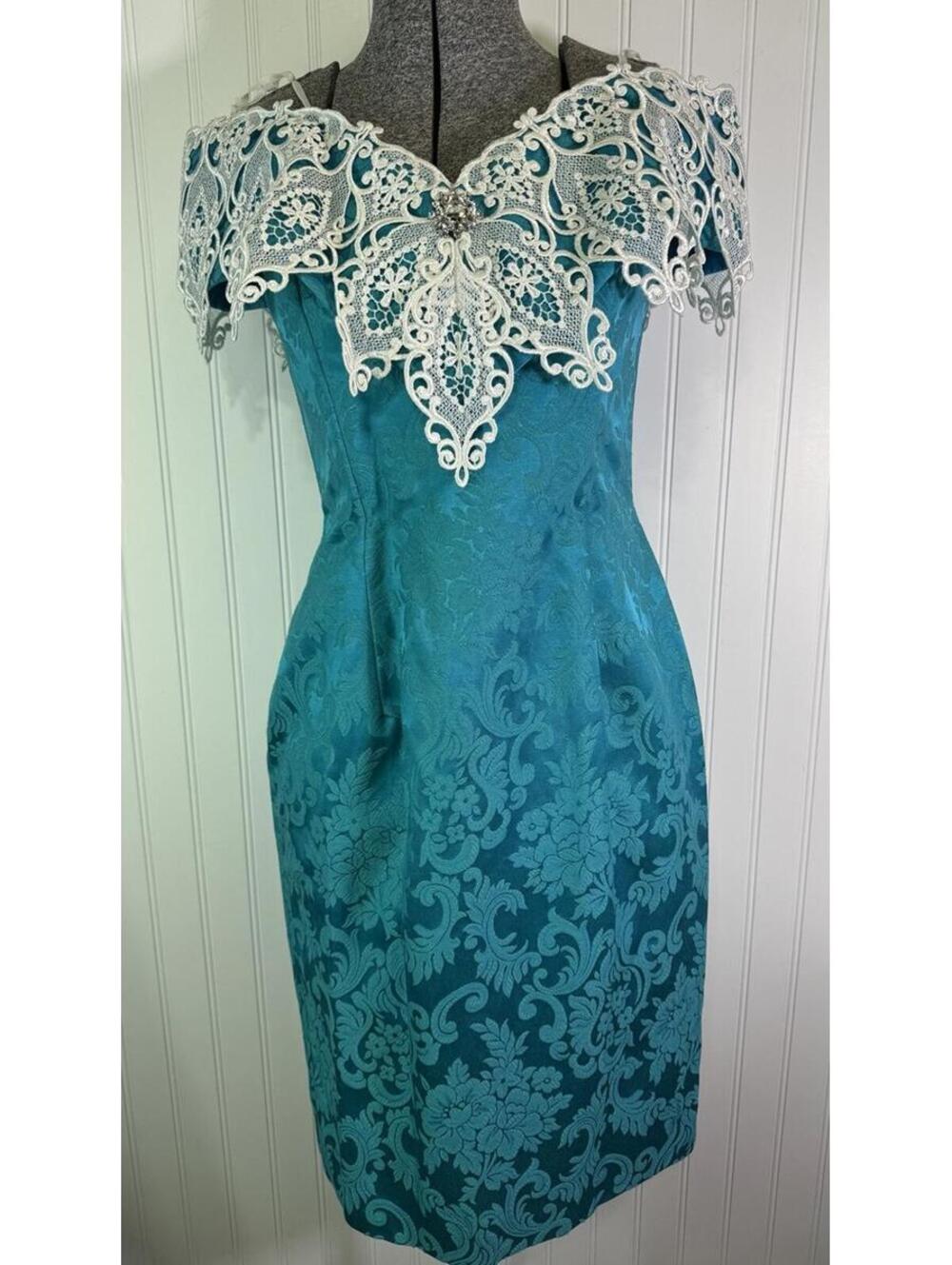Vintage 80s SCOTT McCLINTOCK Teal Brocade Cocktail DRESS Lace Pencil S 8